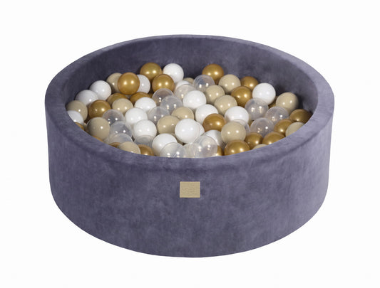 Round ball pit with 200 balls, 90x30cm, blue-grey, velvet