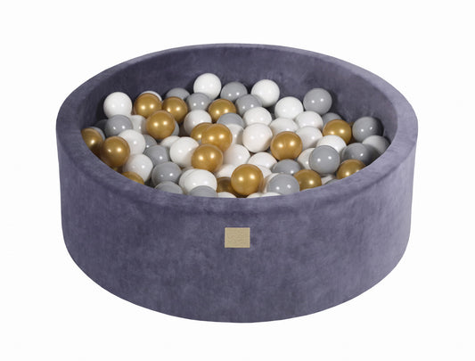 Round ball pit with 200 balls, 90x30cm, blue-grey, velvet