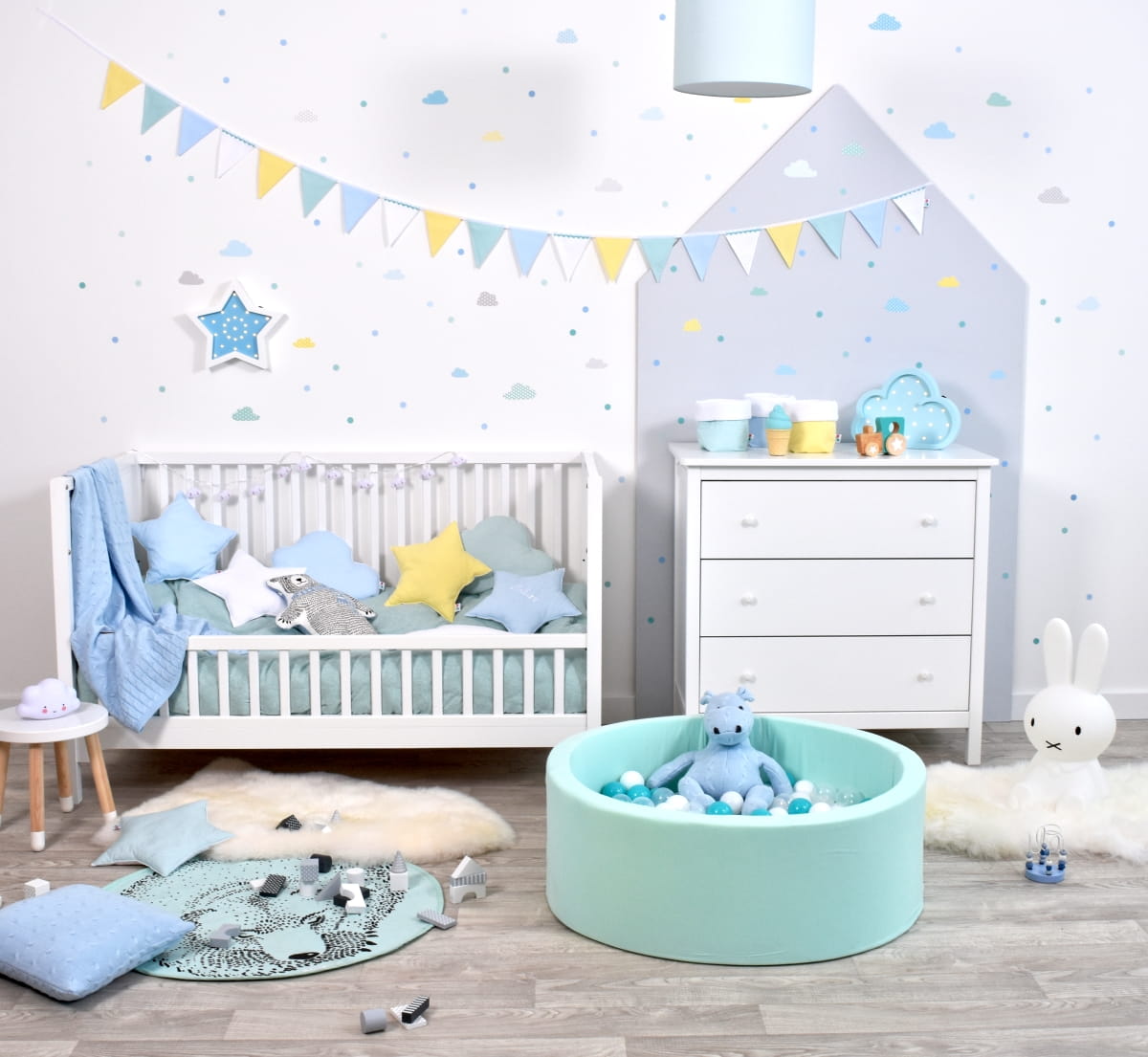 Baby Foam Ronde Ballenbak 90x30cm met 200 Ballen 7cm Gecertificeerd, Katoen, Mint: Turquoise/Transparant/Wit