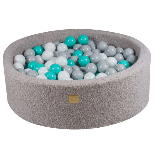 Round ball pit with 200 balls, 90x30cm, grey, bouclé