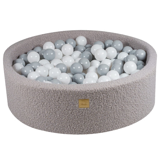 Round ball pit with 200 balls, 90x30cm, grey, bouclé